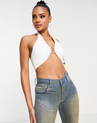 Missyempire halterneck crop top co ord with clasp detail in white