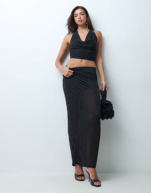 Missyempire halterneck mesh top co-ord in black, 3 of 5