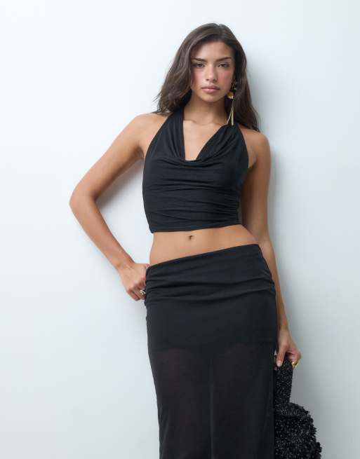 Missyempire halterneck mesh top co-ord in black, 5 of 5