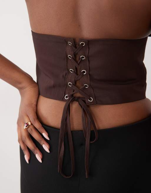 Missyempire halterneck plunge corset top in chocolate, 4 of 4
