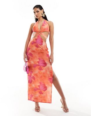 Missyempire halterneck ring detail cut out maxi dress in orange and pink floral
