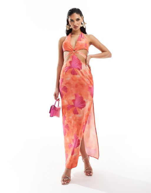 Missyempire halterneck ring detail cut out maxi dress in orange and pink  floral | ASOS
