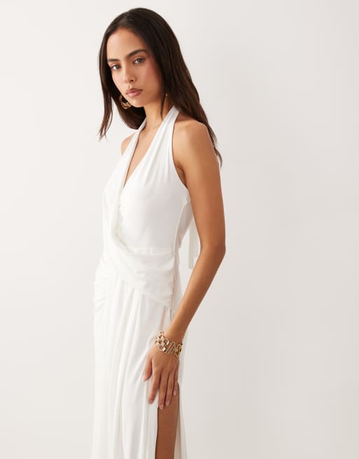 Missyempire halterneck wrap drape front detail maxi dress in white, 2 of 4
