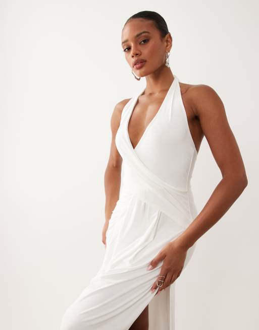 halter silk dress white Rylina | White Mesh Halter-Neck Maxi Dress With Scarf And Open-Back main image 1