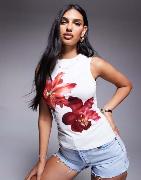 Missyempire hibiscus flower print vest top in white - view 1