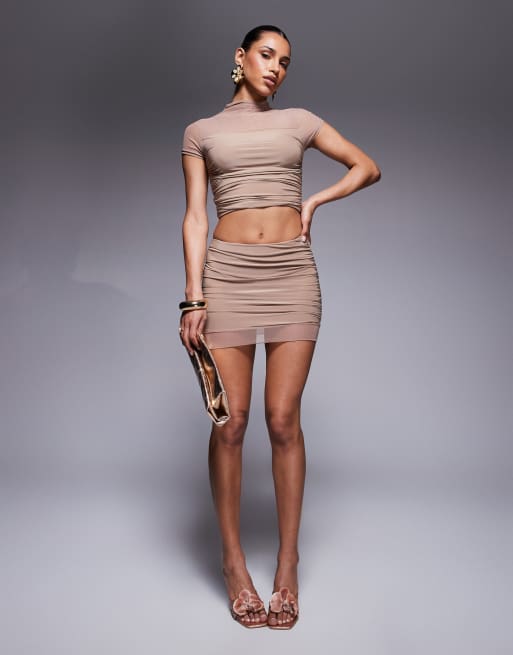 Missyempire high neck cap sleeve ruched side top and ruched side mini skirt set