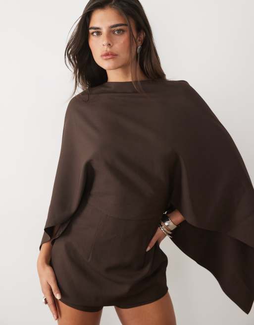 Missyempire high neck cape playsuit in chocolate, 3 of 4