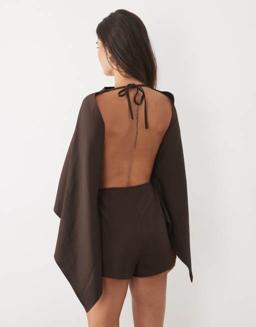 Missyempire high neck cape playsuit in chocolate, 4 of 4