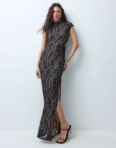 Missyempire high neck lace maxi dress in black