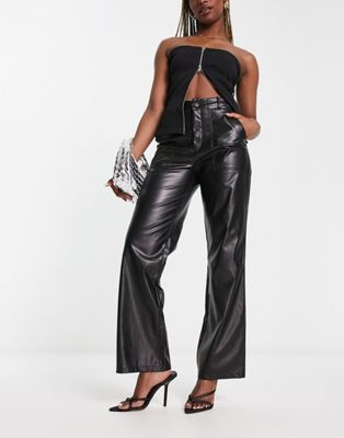 Missyempire high waist leather look wide leg trousers in black