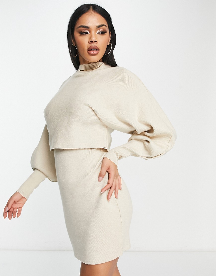 Missyempire jumper overlay knitted dress in stone-Neutral