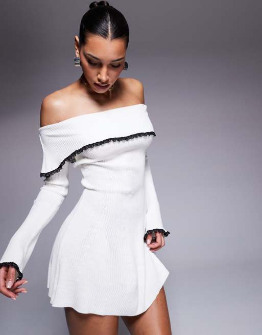 Missyempire knit bardot fold-over lace trim mini dress in white