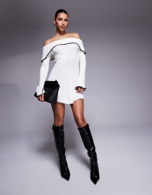 Missyempire Knit Bardot Fold-over Lace Trim Mini Dress In White
