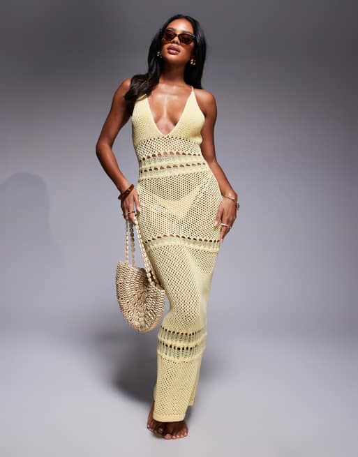Missyempire knit plunge cross tie back detail maxi beach dress in yellow