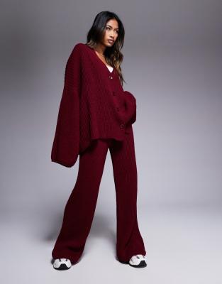 Missyempire knitted button down cardigan and trouser set in burgundy-Red