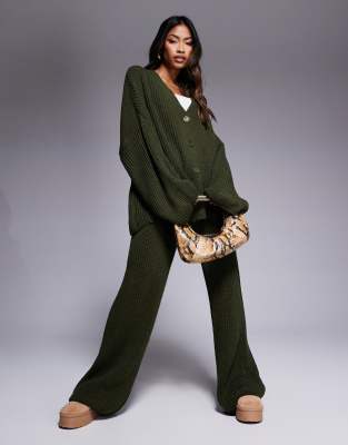 Missyempire knitted button down cardigan and trouser set in khaki-Green