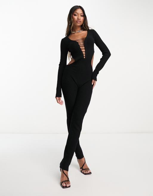 AllSaints long sleeve high neck flocked catsuit in black