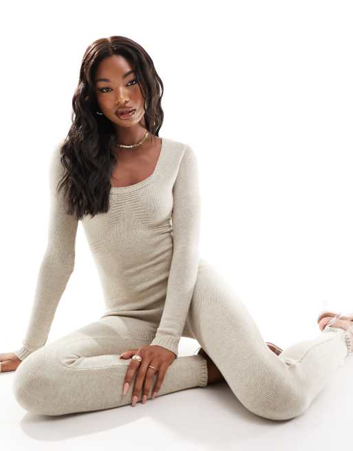 Murci knitted deep plunge scoop neck unitard in stone