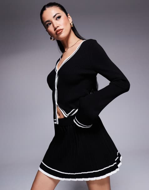 Missyempire knitted mono contrast piping pleated mini skirt co-ord in black - view 1