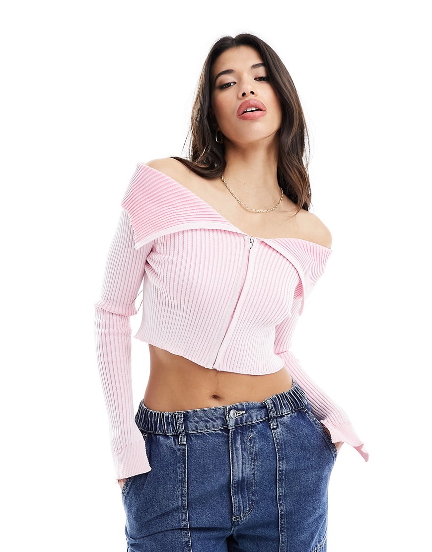 Missyempire knitted rib fold detail zip through top in pink