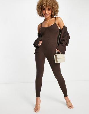 Missyempire knitted strappy jumpsuit in chocolate