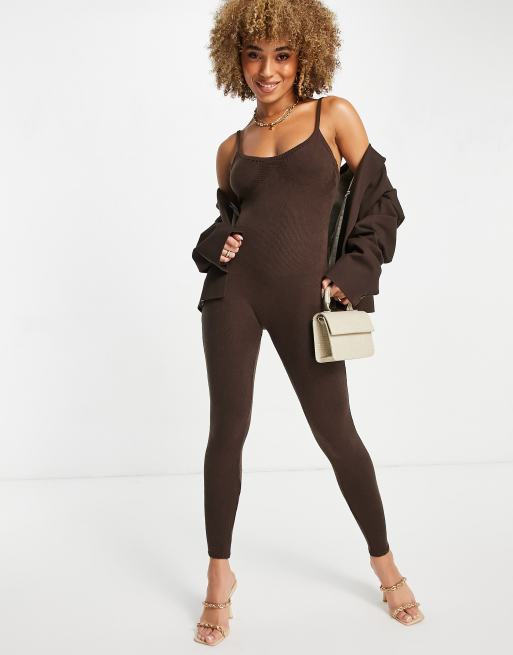 Missyempire knitted strappy jumpsuit in chocolate ASOS