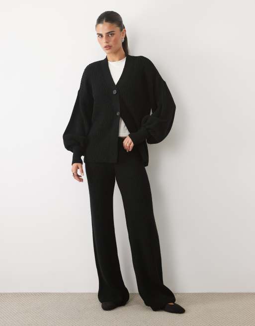 Missy Empire balloon sleeve button-through cardigan and pants set in black, 3 of 3