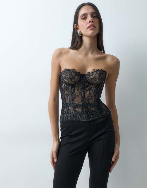 Missyempire lace bust detail bandeau corset top in black, 2 of 5