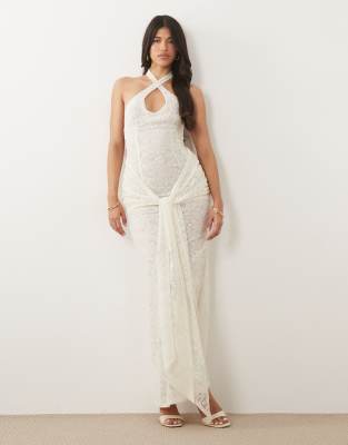 Missyempire Lace Halterneck Keyhole Detail Drape Tie Front Maxi Dress In White