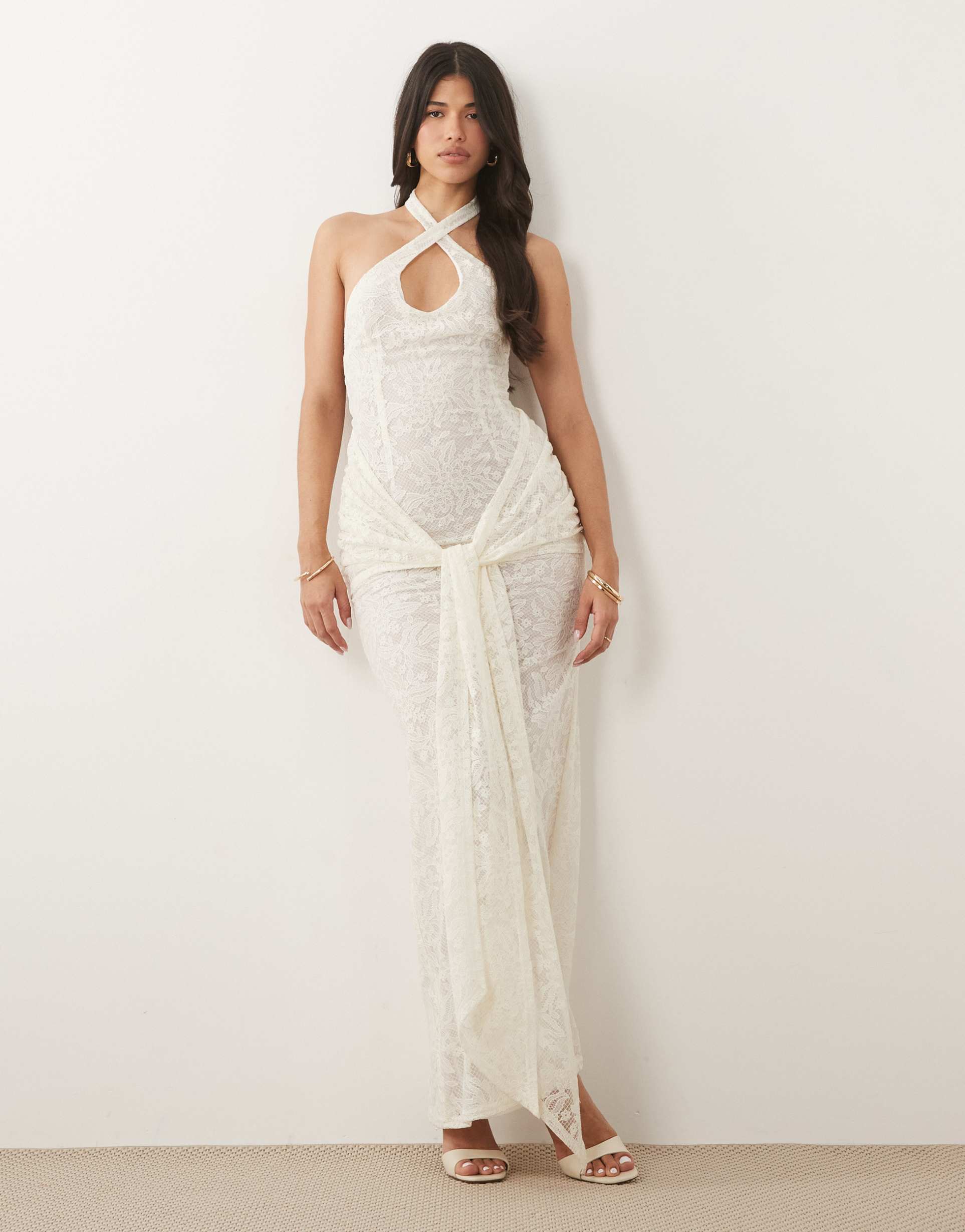 missyempire lace halterneck keyhole detail drape tie front maxi dress in cream