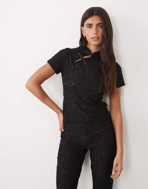 Missyempire lace mandarin collar top co-ord in black - view 1