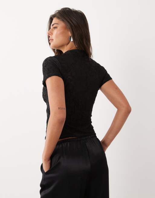 Missyempire lace mandarin collar top co-ord in black, 2 of 4