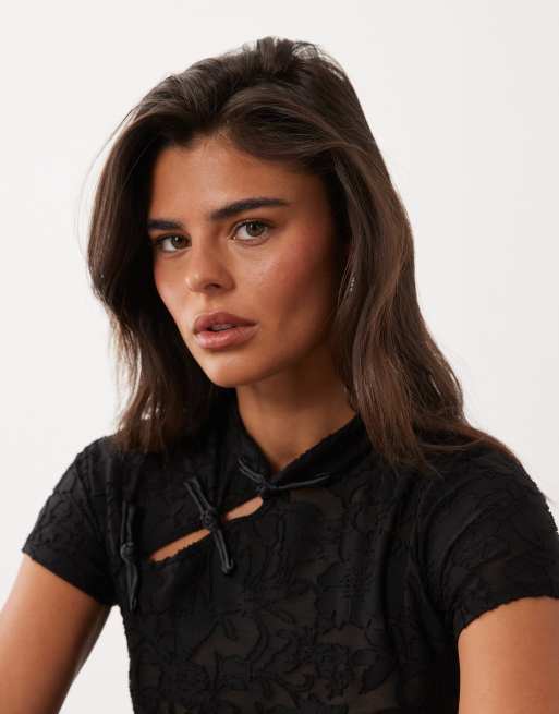 Missyempire lace mandarin collar top co-ord in black, 3 of 4