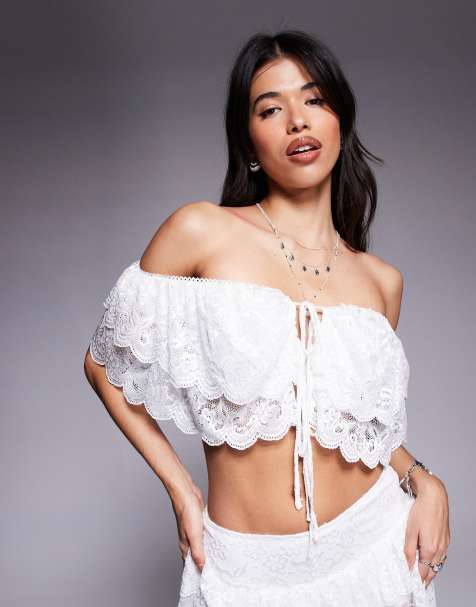 Missyempire lace ruffle bardot top co-ord in white - view 1