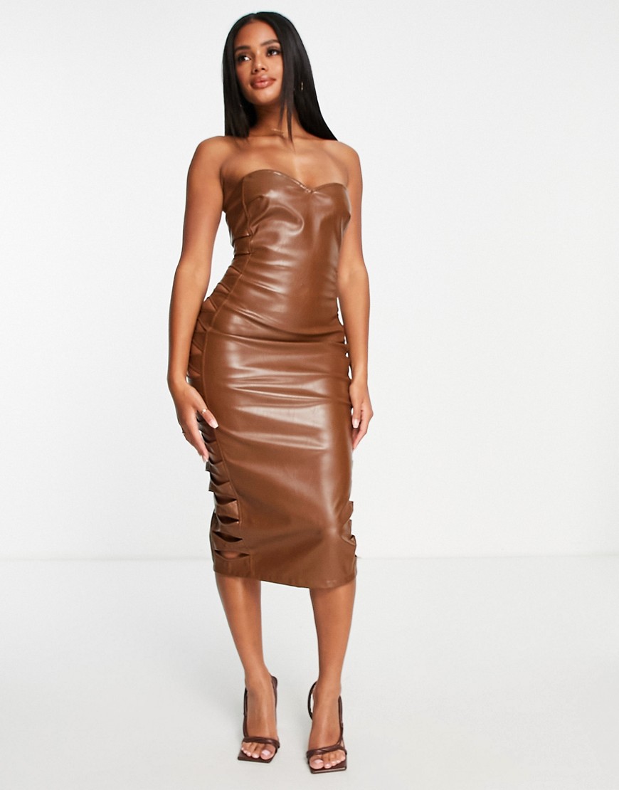 Missyempire leather look bandeau cut out midi dress in brown-Brunette