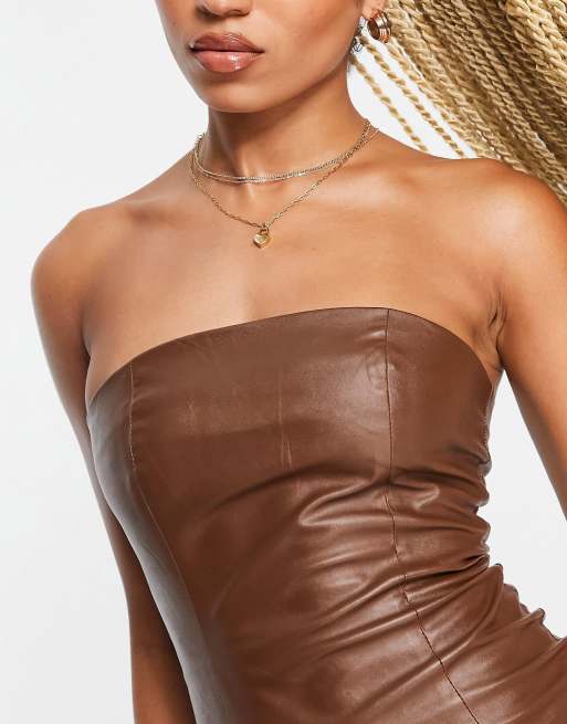 Missyempire leather look bandeau midi dress in chocolate