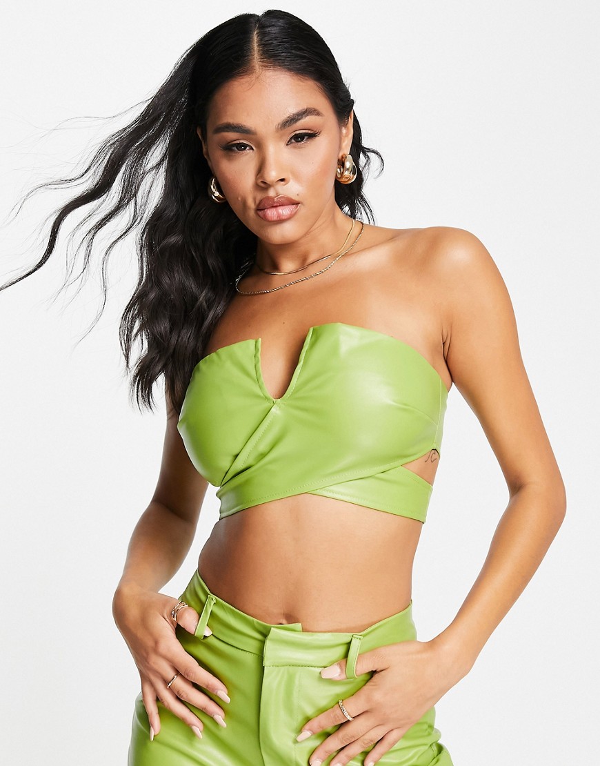 Missyempire leather look cross over top co ord in green
