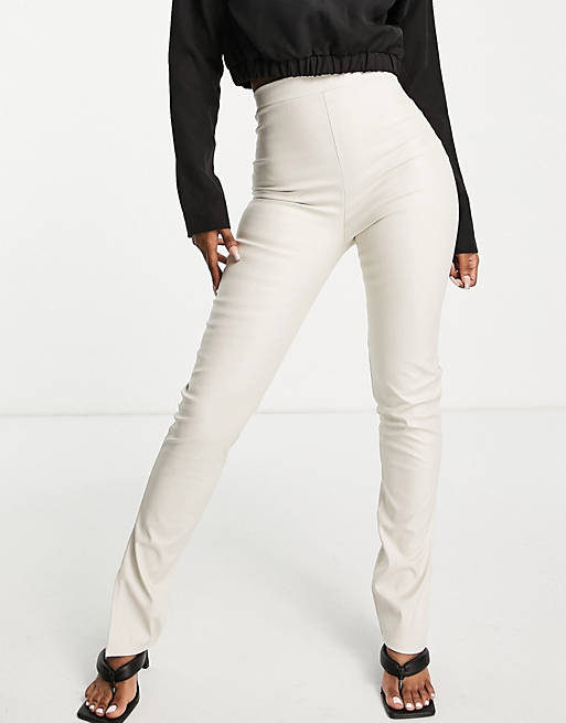 Missyempire leather look skinny trouser with side splits in cream