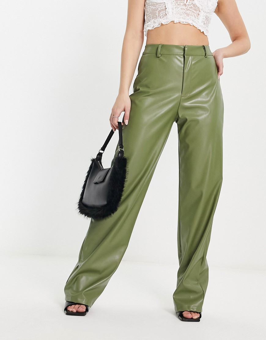 Missyempire leather look straight leg trousers in olive-Green