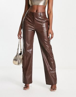 Missyempire leather look trouser co ord in chocolate