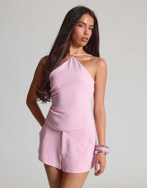Missyempire Linen back strappy top in pink