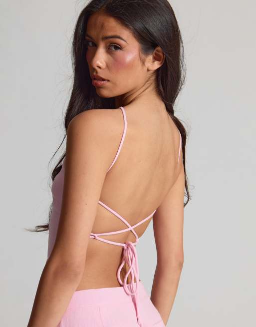 Missyempire Linen back strappy top in pink, 2 of 4
