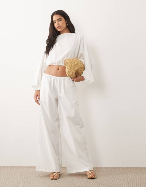 Missyempire linen blend volume balloon sleeve cropped top and trousers co-ord in white, 2 of 3