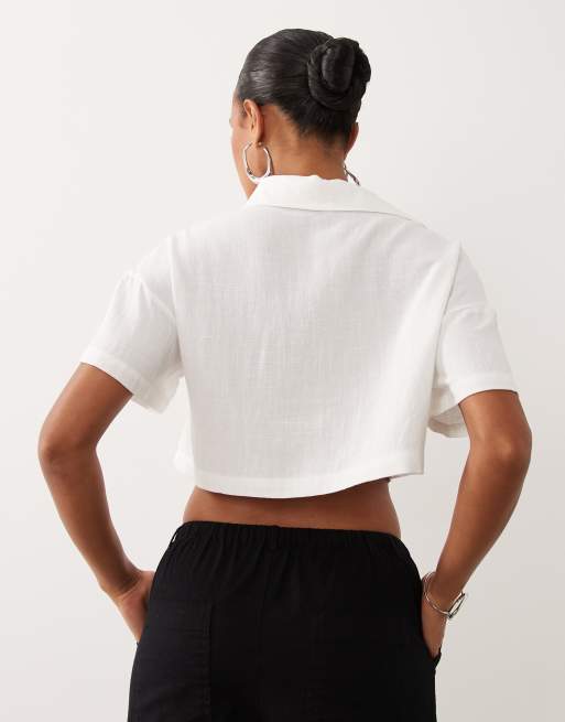 Missyempire linen blend pocket front oversized sleeve pocket front cropped shirt in white, 4 of 4