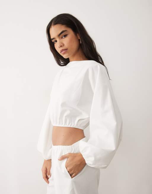 Missyempire linen blend volume balloon sleeve cropped top and trousers co-ord in white, 3 of 3