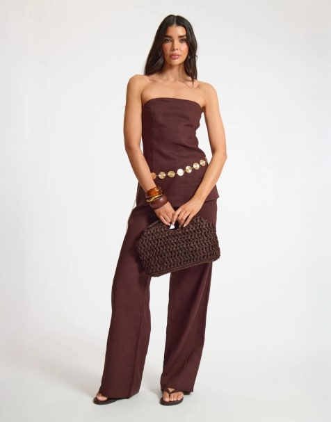 Missyempire Linen longline bandeau and trouser in chocolate - view 1