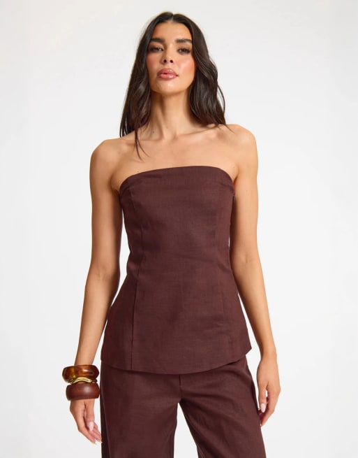Missyempire Linen longline bandeau and trouser in chocolate, 2 of 3