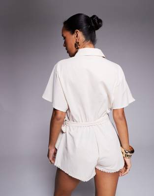 Missyempire Linen Look Button Up Tie Waist Lace Trim Romper