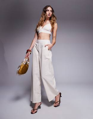 linen look elastic waist wide leg pants in cream - part of a set-White