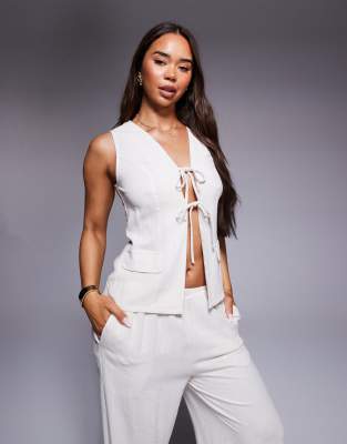 Missyempire linen look pocket detail open tie front top co-ord in cream - view 1